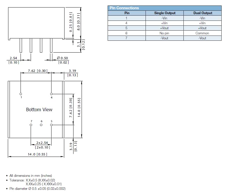 Mechanical Drawing - Artesyn Embedded Technologies AYA 2W Isolated DC-DC Converters