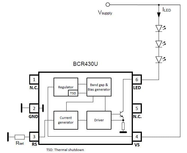 Block Diagram - Infineon Technologies BCR430U低压降LED驱动器IC