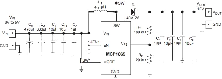 MCP1665升压转换器评估板原理图